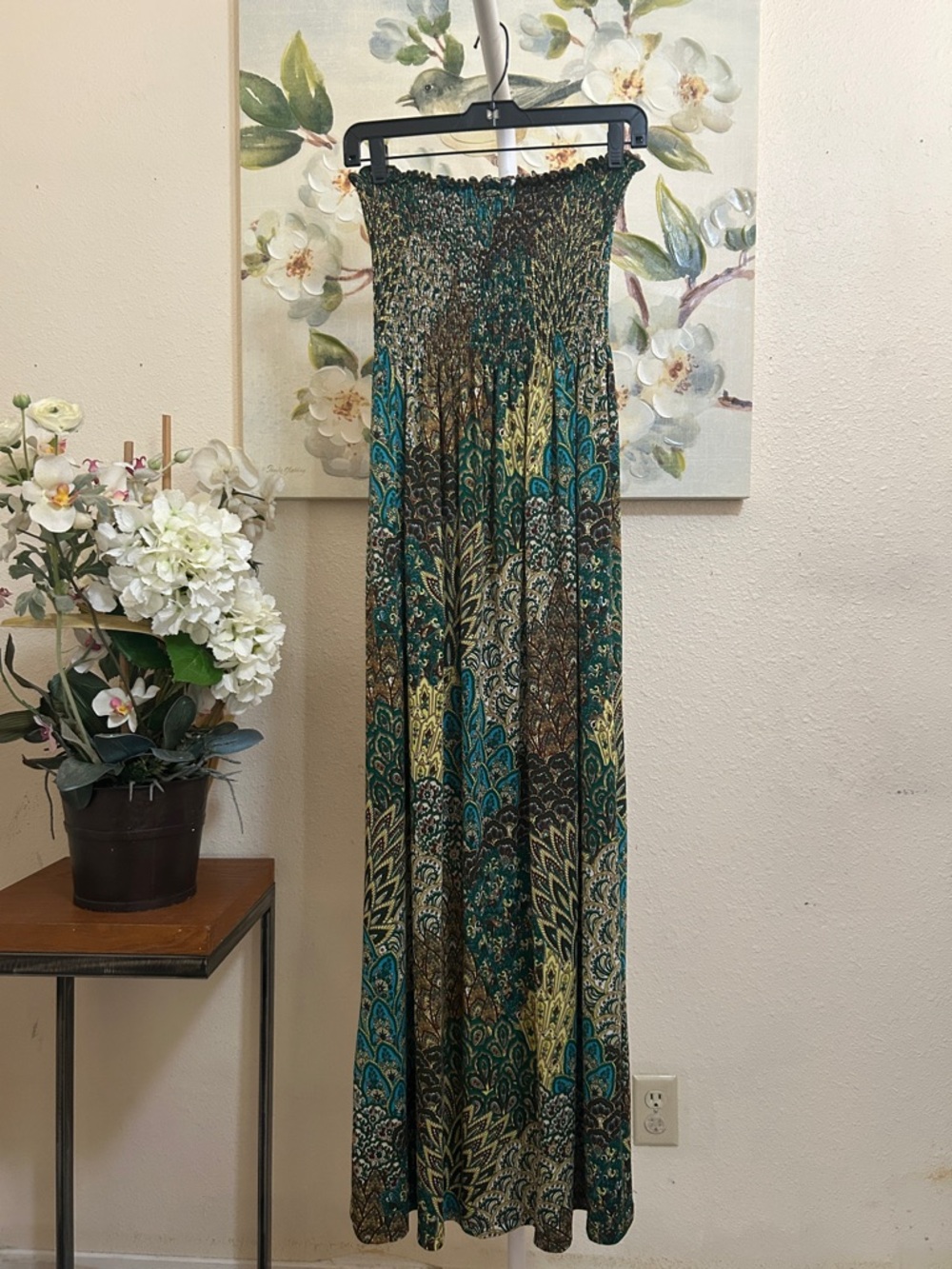 Smocked Strapless Maxi Dress in Teal & Brown